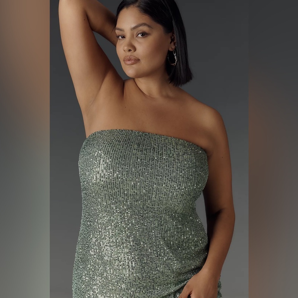 NWT!Anthro Moss Green The Fleur Strapless Satin Maxi Slip Dress: Sequin Edition🏆 - Picture 6 of 10